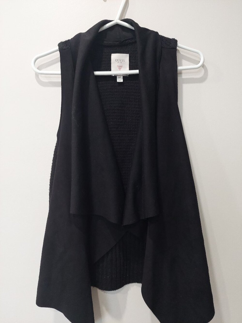 GUESS Women's XS Micro Suede/Knit 2 Tons Sleeveless Drape-front Sweater Vest